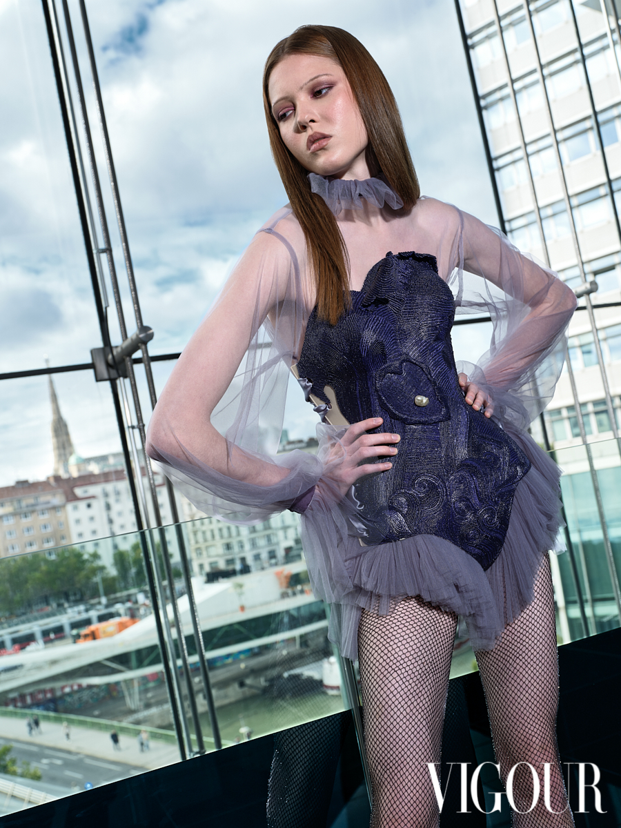 Editorial fashion portrait photographed in a modern urban interior